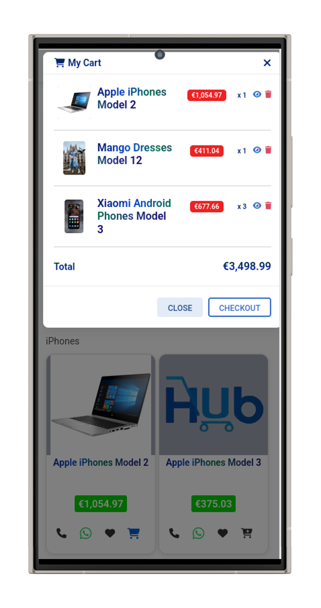 phone view of Hub Ecommerce app